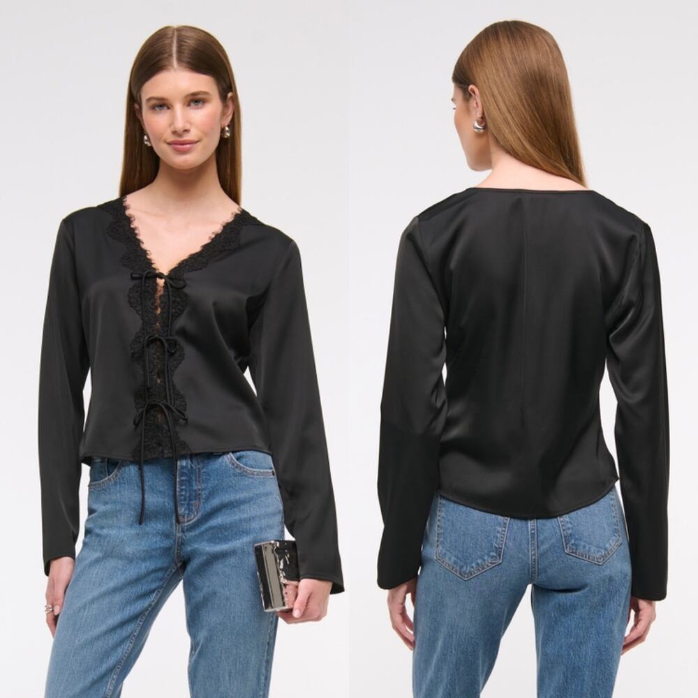 Abercrombie & Fitch Black Long-Sleeve Lace-Trim Tie-Front Top